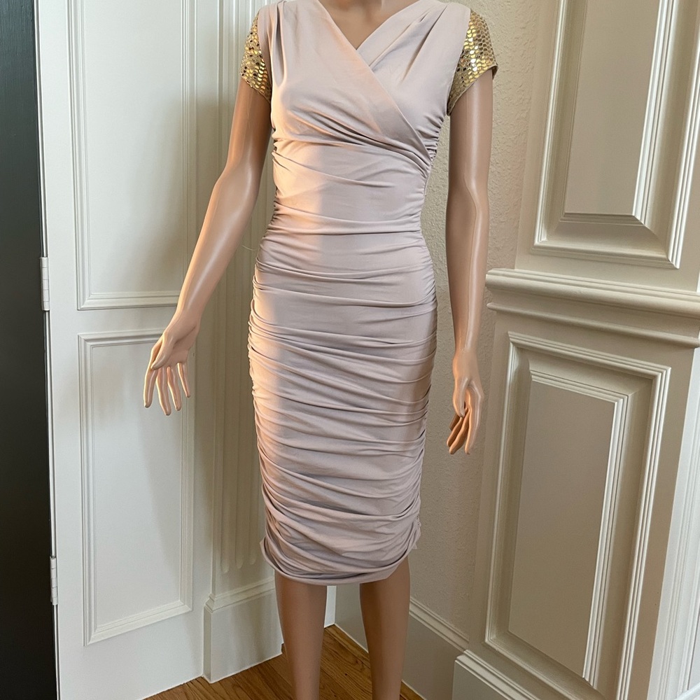 Serena by Serena Williams lavender body con dress with gold sequin cap sleeves.